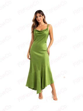 Kenneth Cole Olive Green Satin Midi Dress Cowl Neck Asymmetrical Hem Size 12